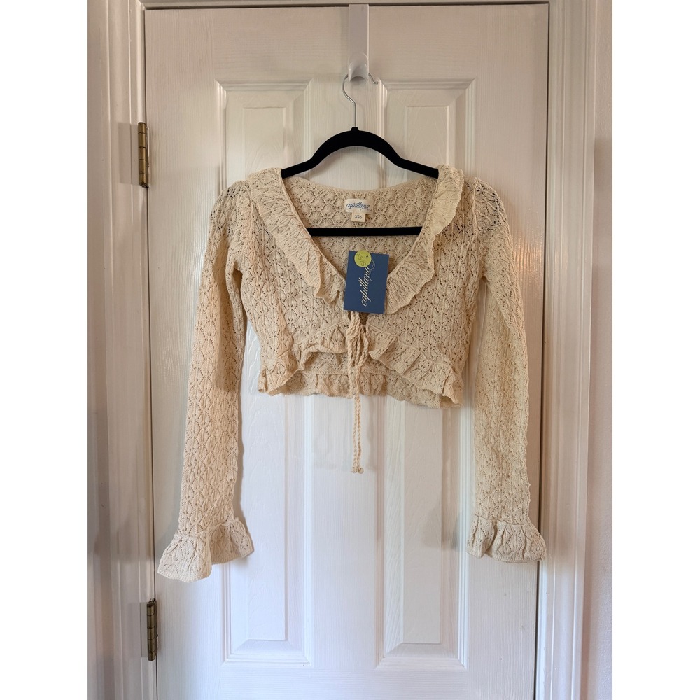 Capittana Addie Cropped Top Swim Cover-Up Ivory Pointelle Ruffle Knit XS/S